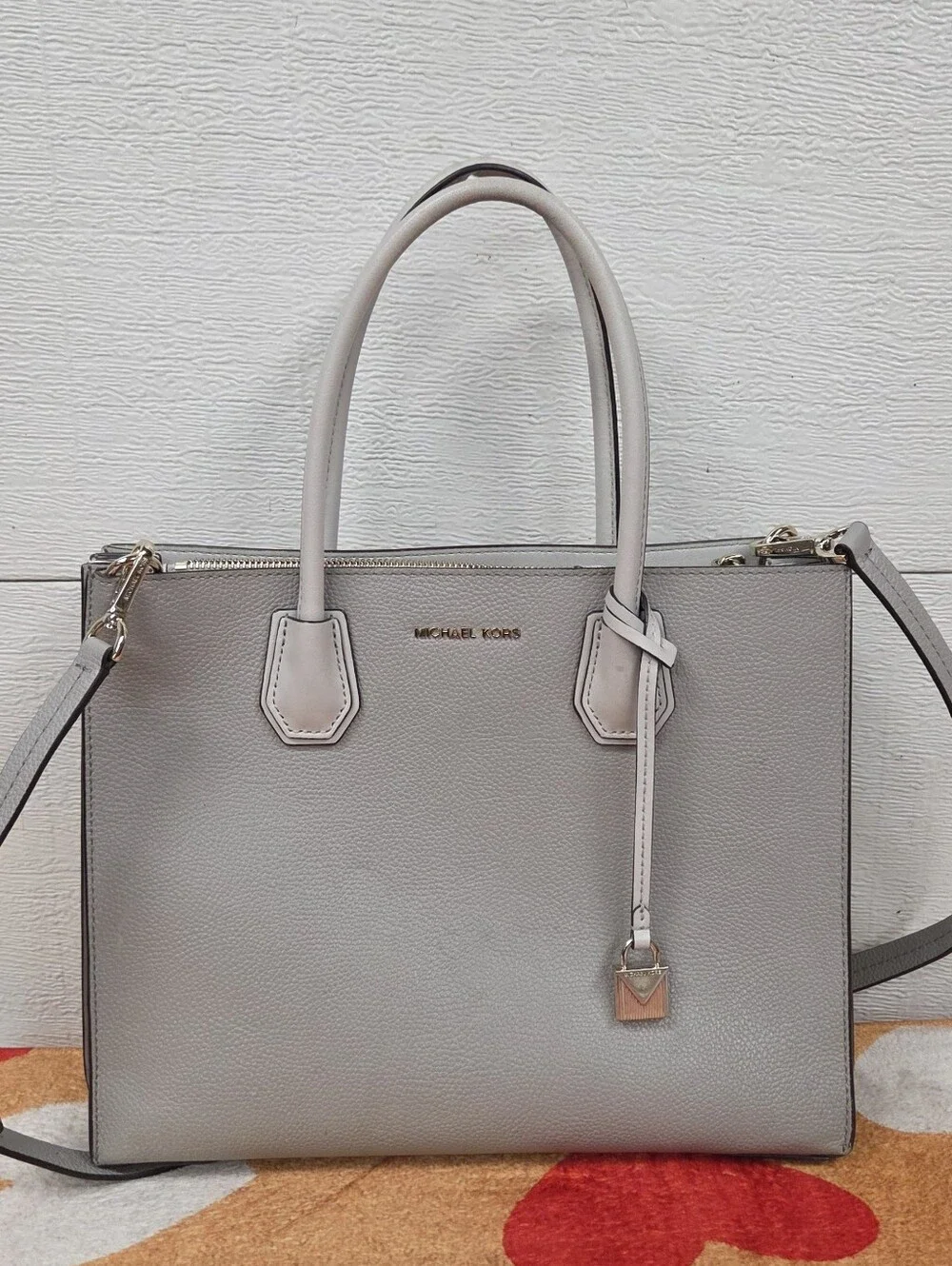 Michael Kors Light Gray Pebbled Leather Satchel with Shoulder Strap